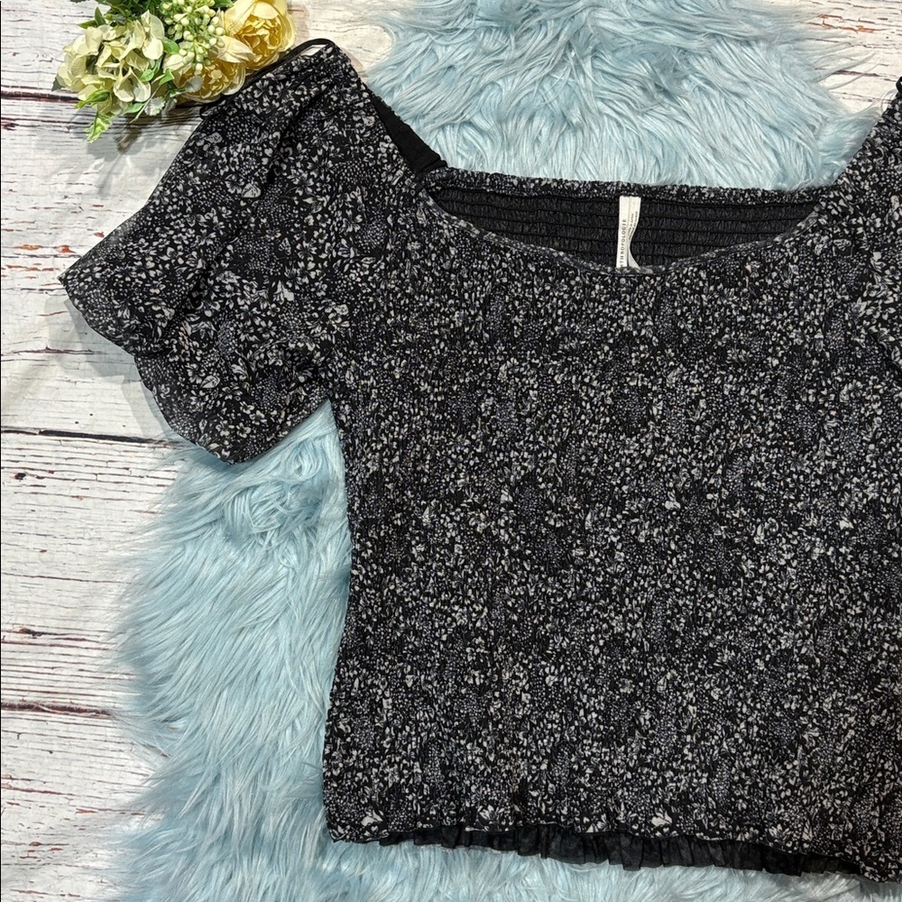 Anthropologie Aurelia floral printed smocked mesh black white top - Picture 8 of 9